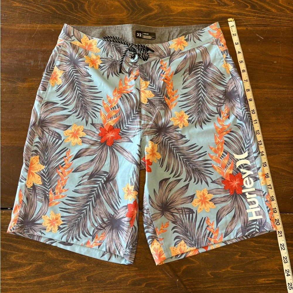 Hurley Men's Floral Board Shorts - Light Blue and Orange - Picture 1 of 5